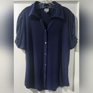 🌸Anne Klein Navy Button-Down Shirt with ruffles on sleeve